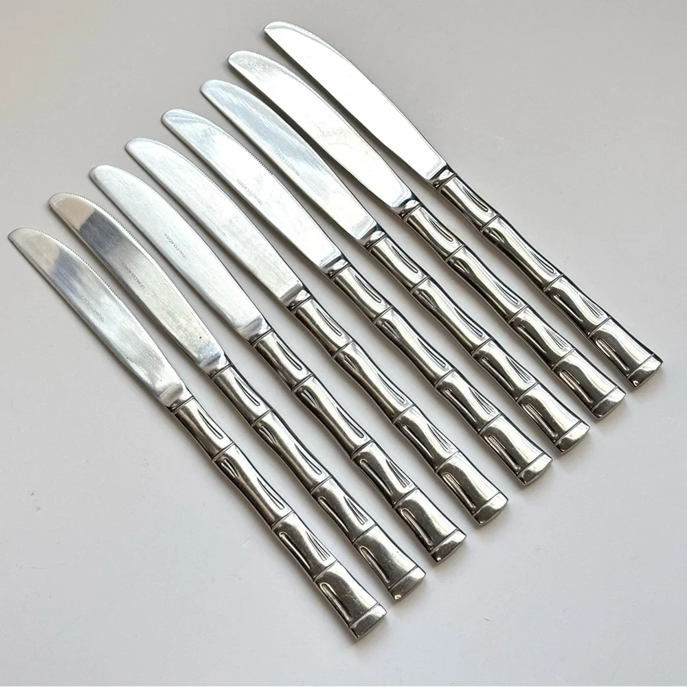 Vintage Korea Bamboo Pattern Stainless Steel Flatware‎ Knives 8 Piece Cutlery